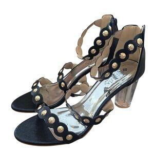 Modern Black Scalloped Gold Stud Clear Heel Sandals By Patrizia Size 9